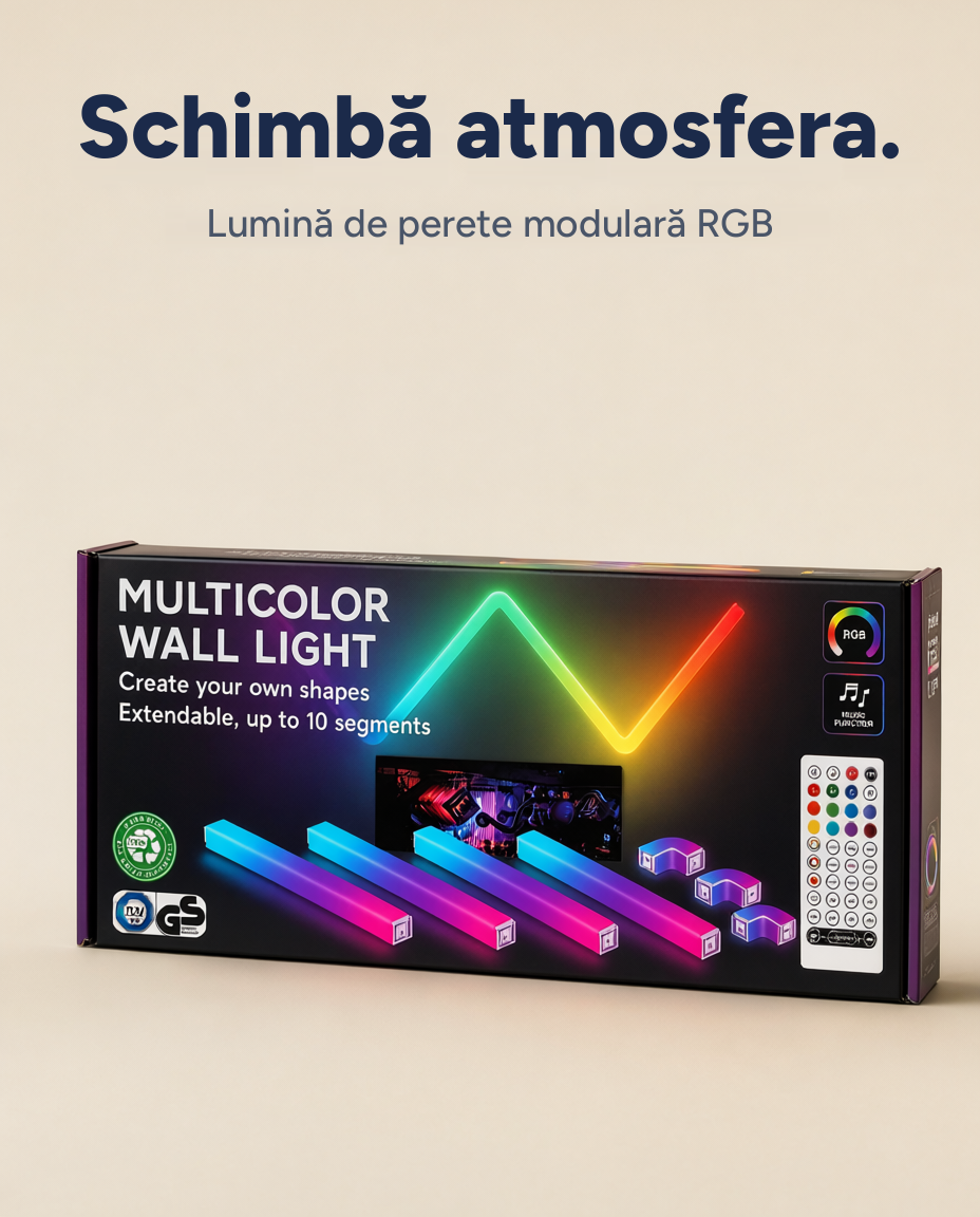 Lumină decorativă de perete modulară RGB, sincronizare cu muzica, telecomandă