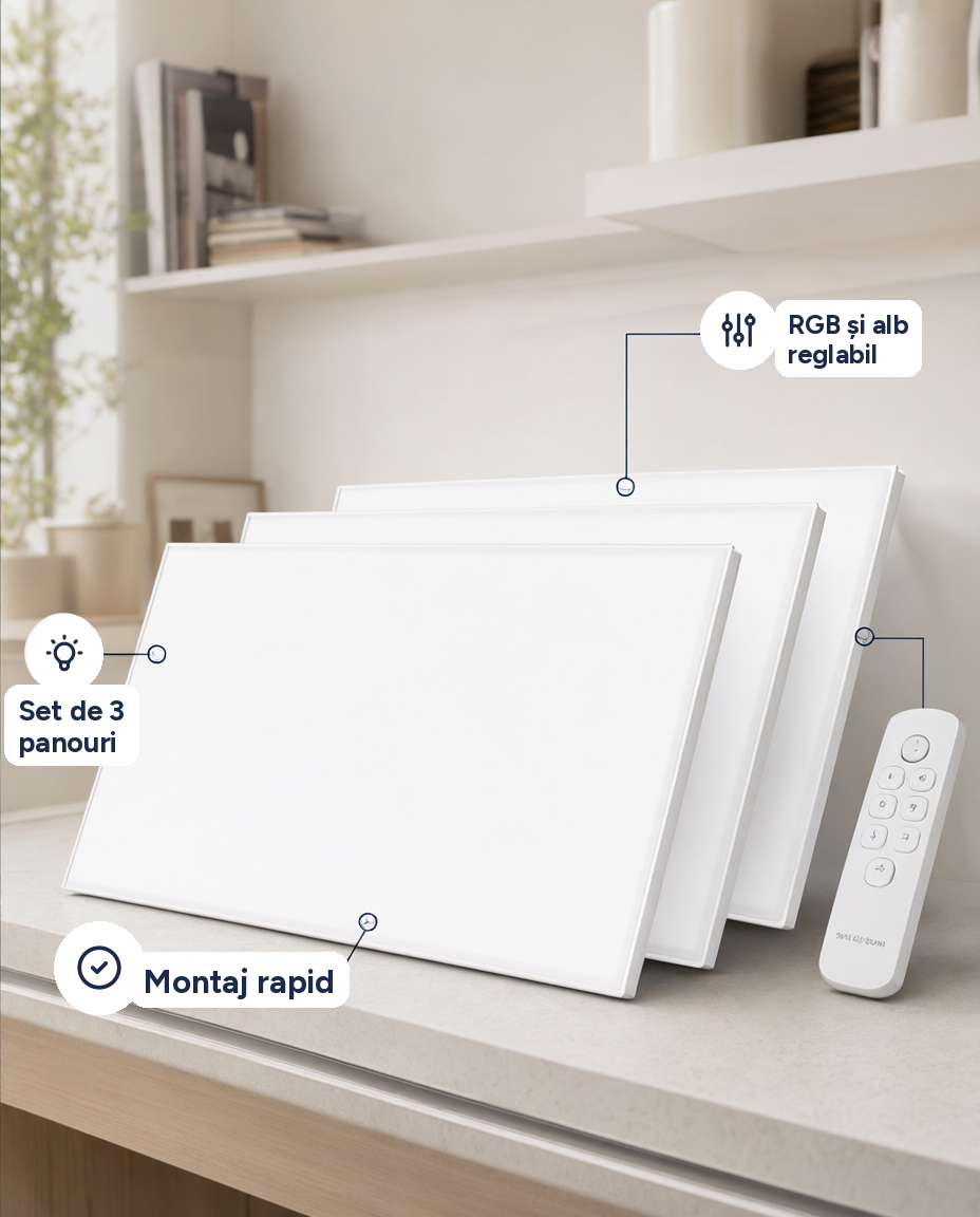 Set 3 panouri de iluminat Baltimore Panel Light, RGB și alb reglabil, telecomandă