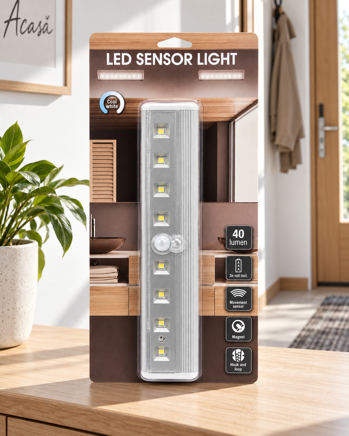 Lampă LED cu senzor de mișcare, montaj cu magnet sau adeziv