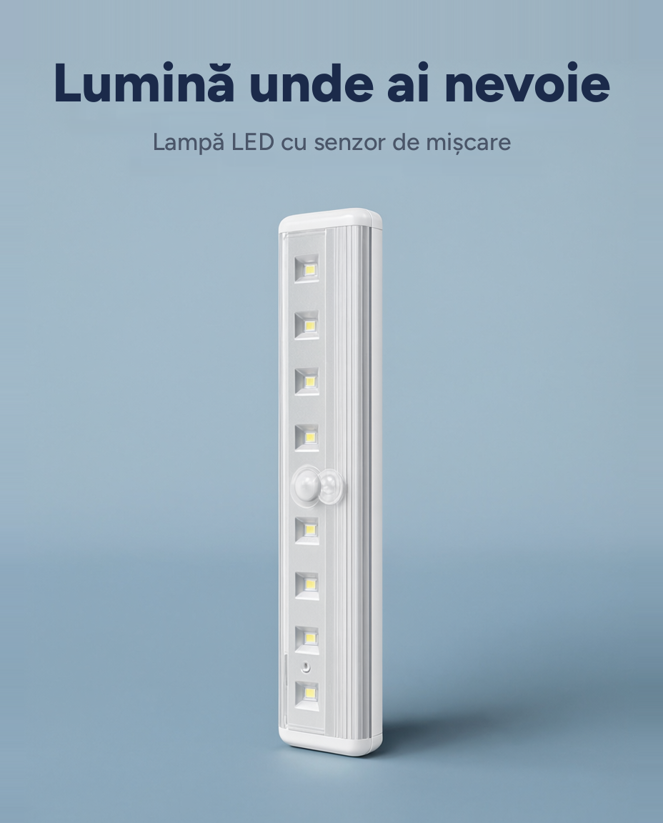 Lampă LED cu senzor de mișcare, montaj cu magnet sau adeziv