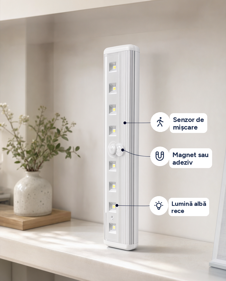 Lampă LED cu senzor de mișcare, montaj cu magnet sau adeziv