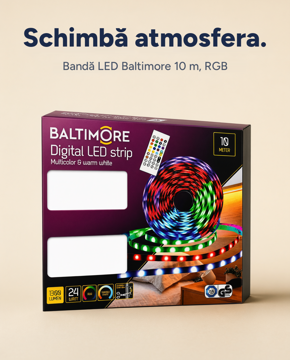 Bandă LED Baltimore Digital LED Strip, 10 m, RGB și alb cald, telecomandă