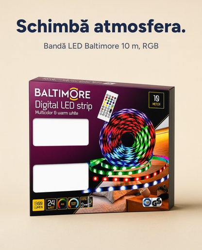 Bandă LED Baltimore Digital LED Strip, 10 m, RGB și alb cald, telecomandă