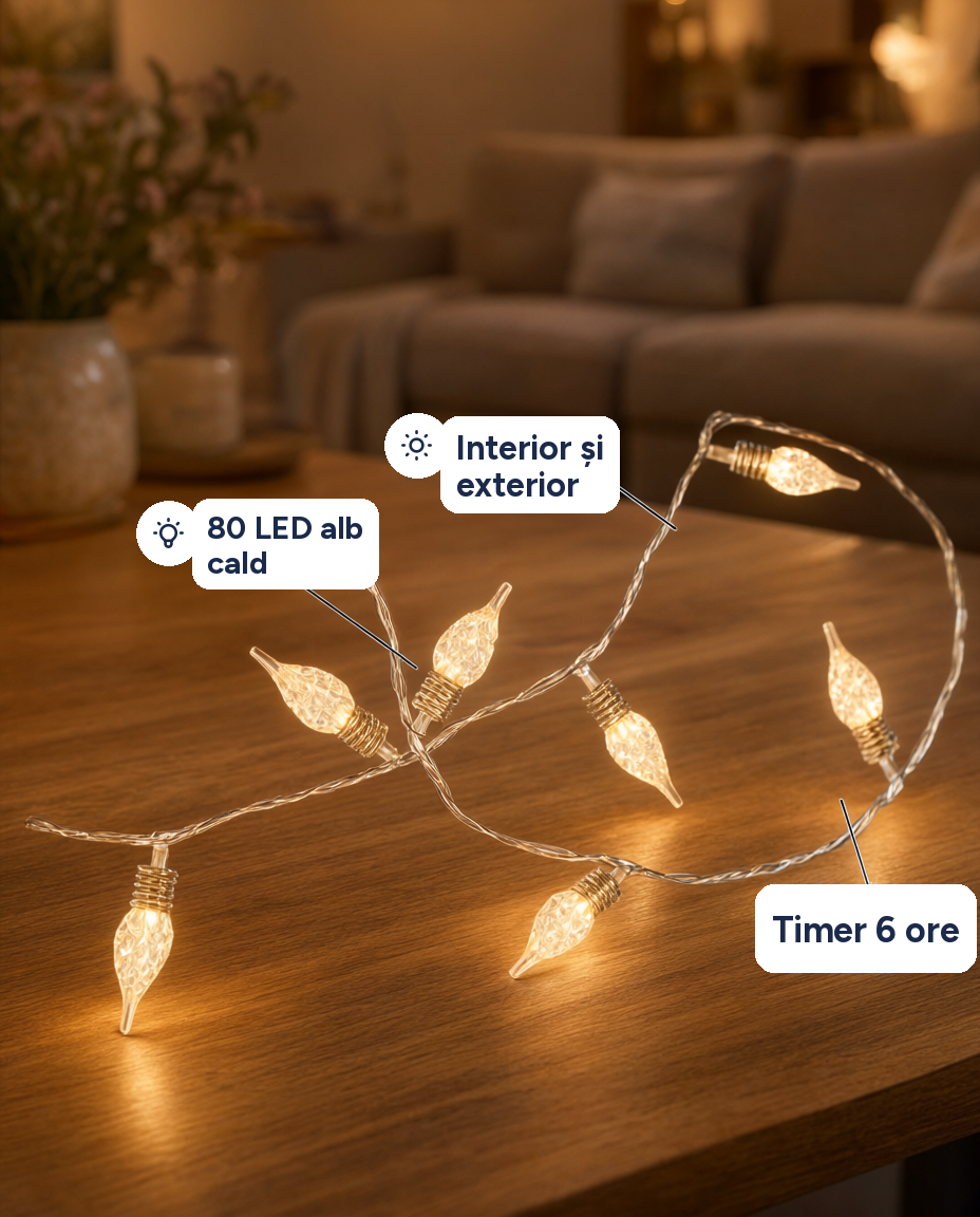 Instalație LED cu becuri tip flacără, 80 LED, alb cald, timer, pe baterii