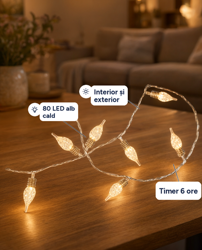 Instalație LED cu becuri tip flacără, 80 LED, alb cald, timer, pe baterii