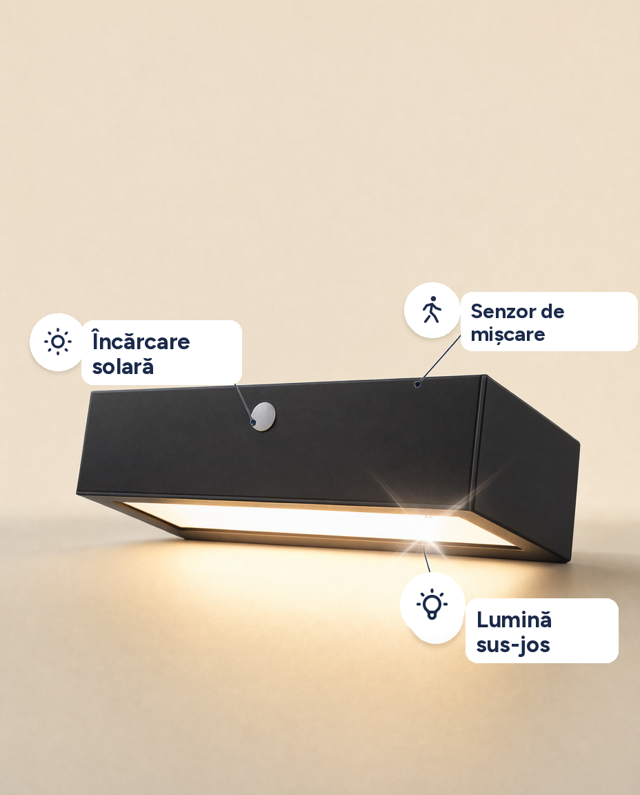 Lampă solară LED de exterior cu senzor de mișcare, iluminare sus-jos