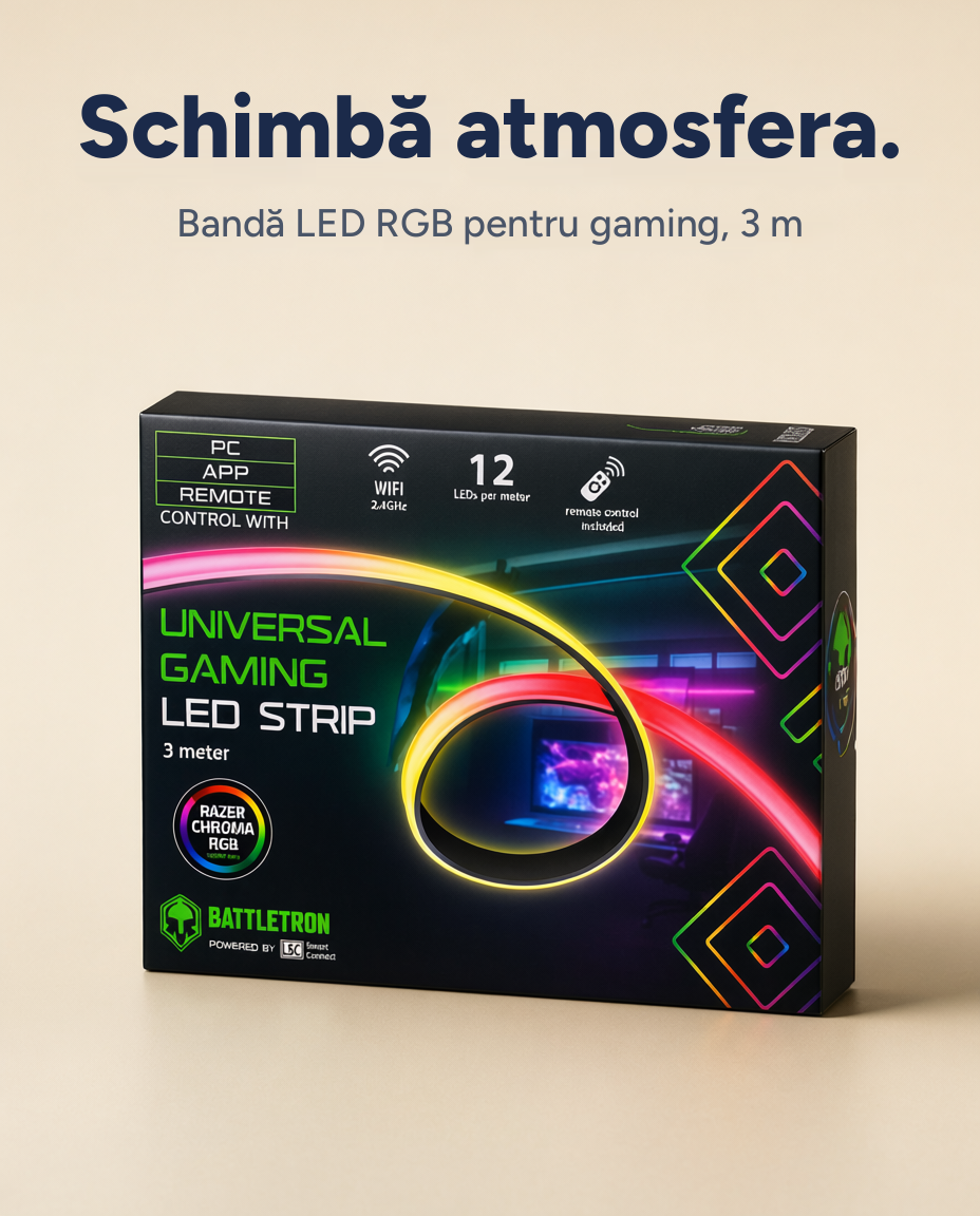 Bandă LED RGB pentru gaming, 3 m, alimentare USB, telecomandă