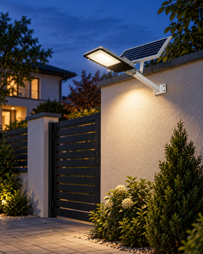 Lampă solară stradală LED cu panou solar și braț de montare, rezistentă la apă