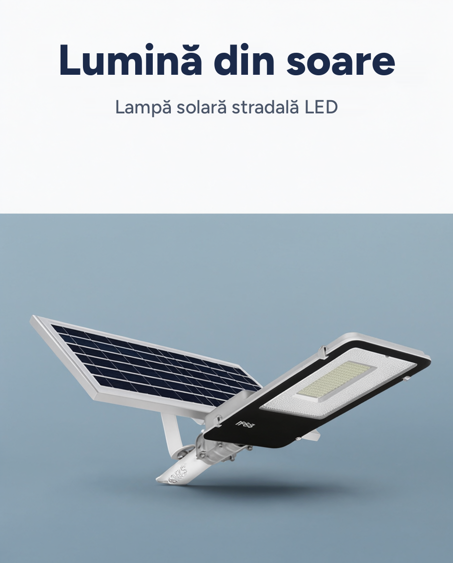 Lampă solară stradală LED cu panou solar și braț de montare, rezistentă la apă