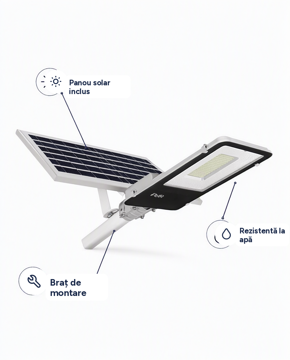 Lampă solară stradală LED cu panou solar și braț de montare, rezistentă la apă