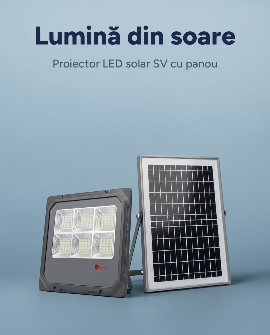 Proiector LED solar SV cu panou fotovoltaic și telecomandă, IP66/IP67