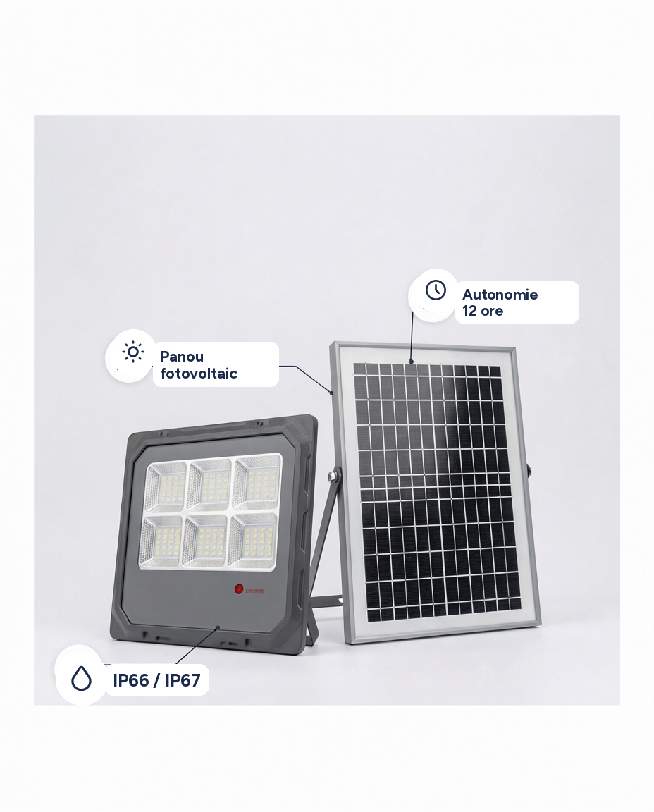 Proiector LED solar SV cu panou fotovoltaic și telecomandă, IP66/IP67