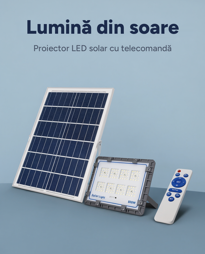Proiector LED solar cu panou fotovoltaic și telecomandă, IP66/IP67