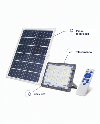 Proiector LED solar cu panou fotovoltaic și telecomandă, IP66/IP67