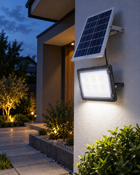 Proiector LED solar cu panou fotovoltaic și telecomandă, IP66/IP67