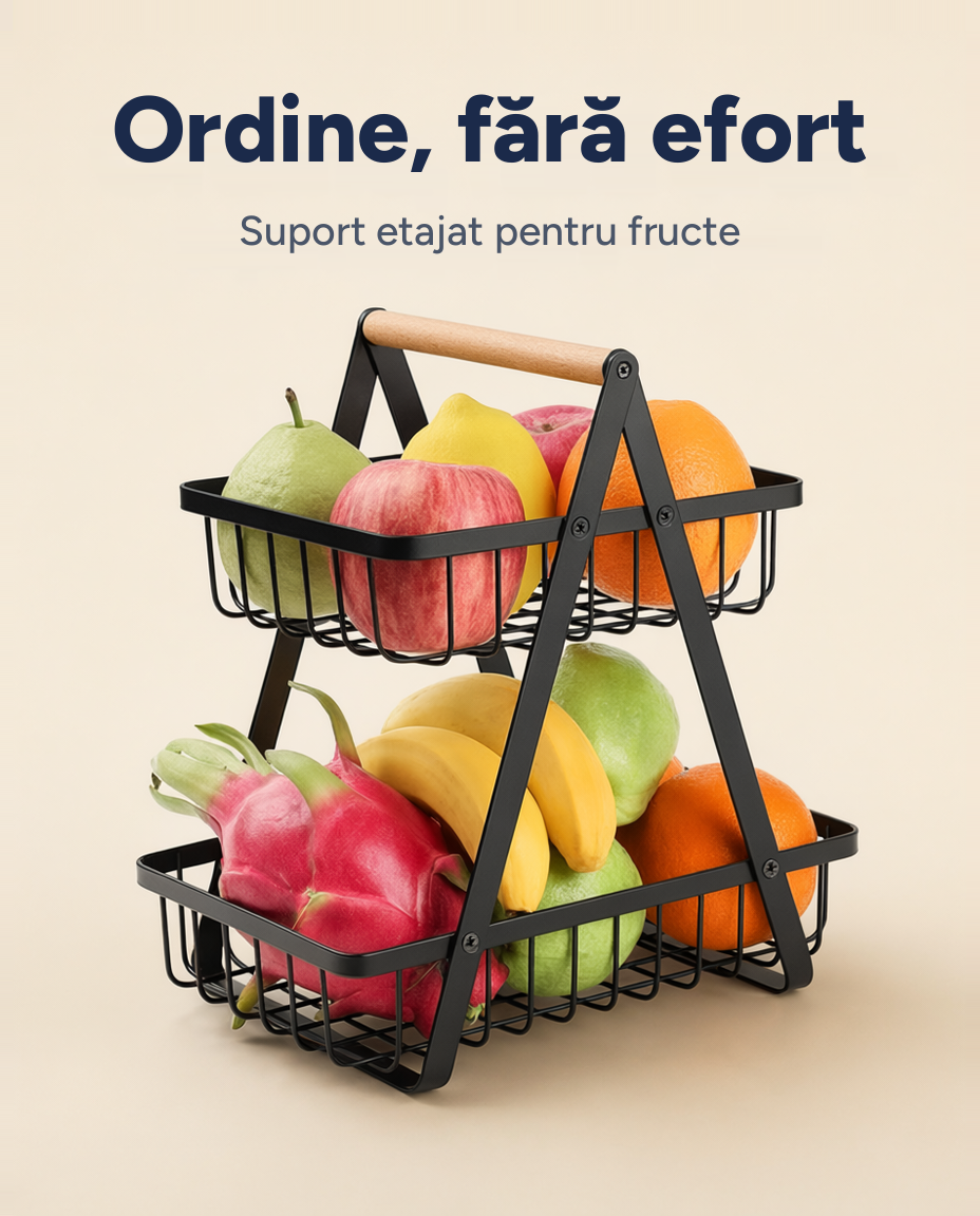 Suport etajat pentru fructe și legume, metalic, 2 niveluri, mâner din lemn