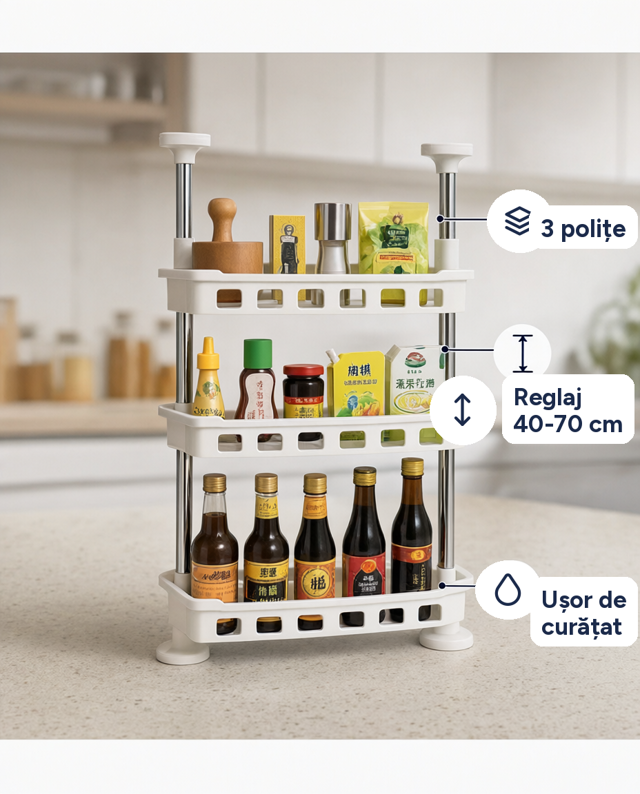 Raft organizator telescopic pentru bucătărie și baie, 3 polițe, 40-70 cm