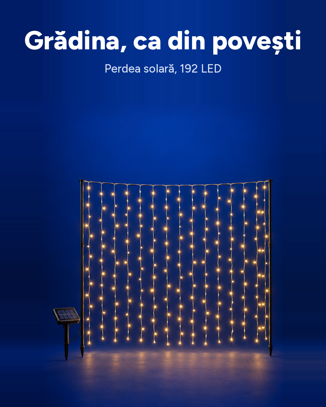 Perdea luminoasă solară 192 LED, alb cald, 180 x 150 cm, 8 funcții