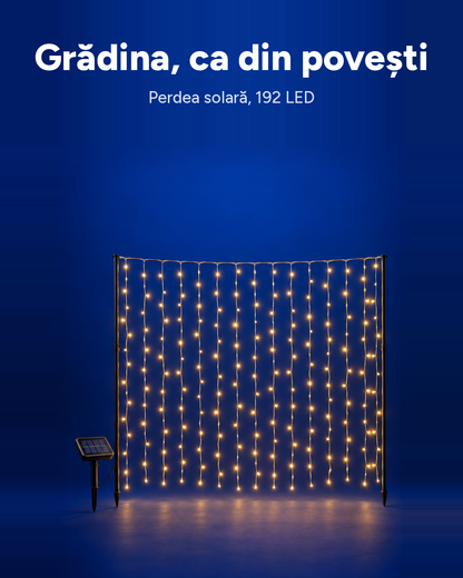 Perdea luminoasă solară 192 LED, alb cald, 180 x 150 cm, 8 funcții