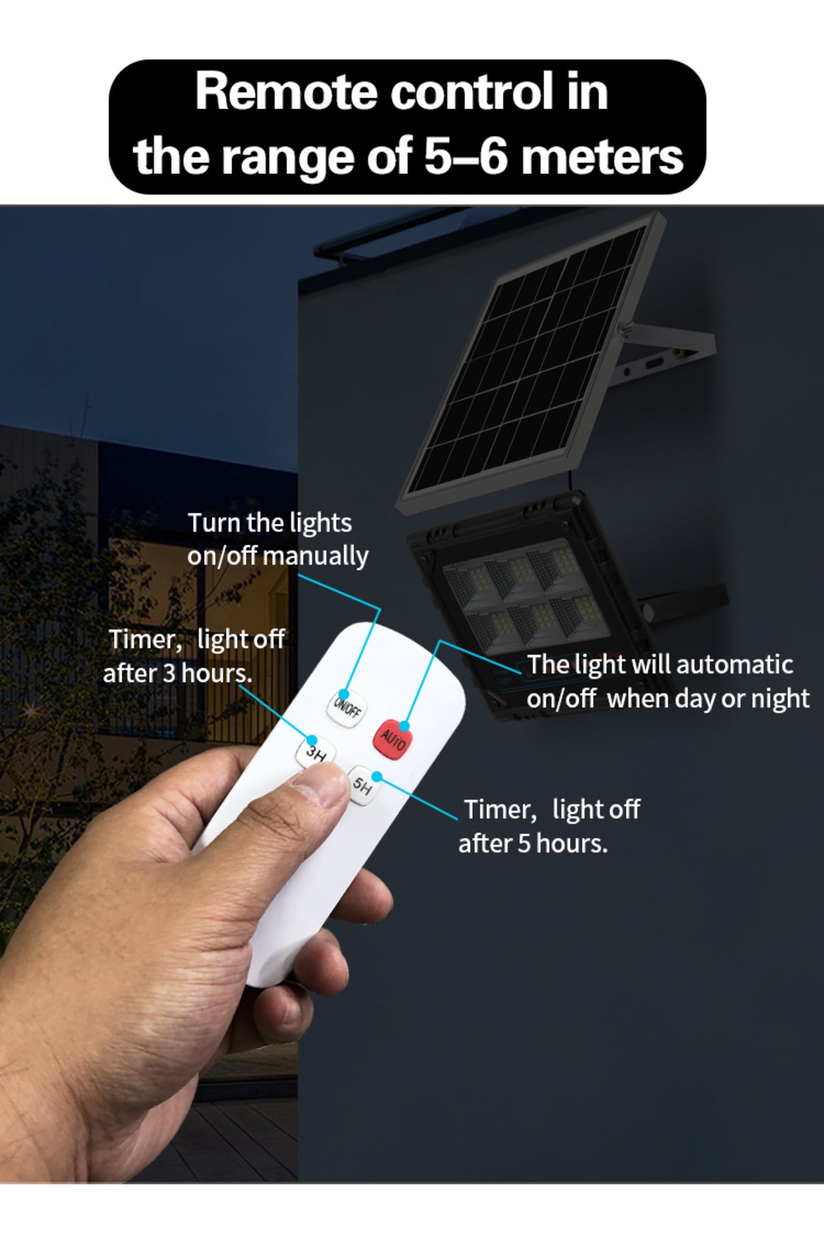 Jiayi Proiector LED Solar, Putere 200W, Autonomie 12-16h, Kit Complet cu Panou Fotovoltaic și Telecomandă, Rezistent la Apă IP66/IP67, Lumină Alb Rece 6500K, Funcție Automat/Amurg
