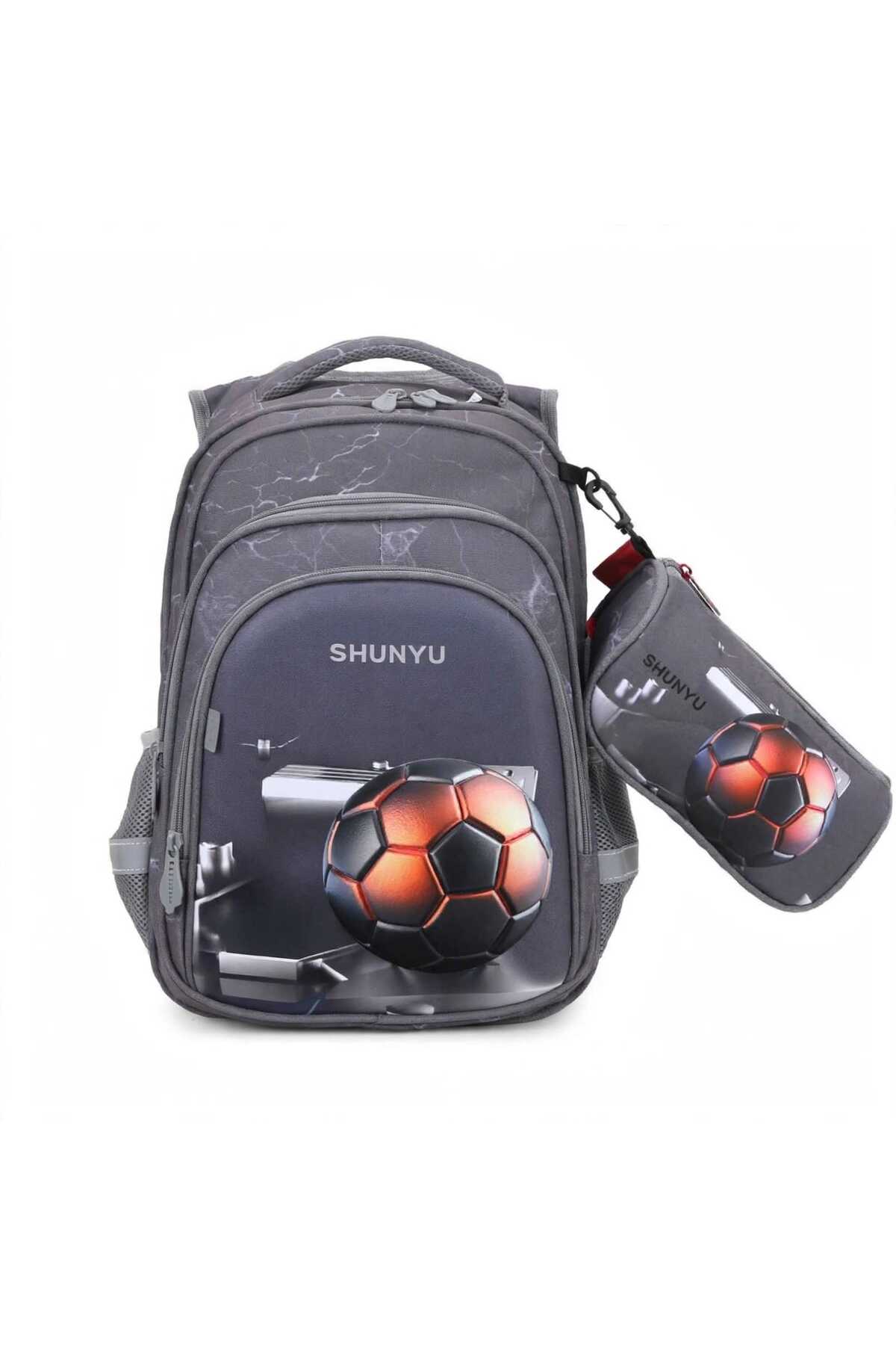 Set Ghiozdan Anatomic și Penar pentru Băieți – Ghiozdan Ortopedic Impermeabil, Model 3D Minge Fotbal, Clasele 1-4