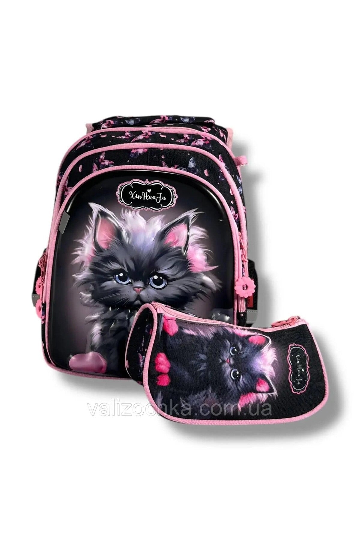 Set Școală pentru Fete – Ghiozdan Anatomic/Ortopedic și Penar Imprimat, Negru/Roz