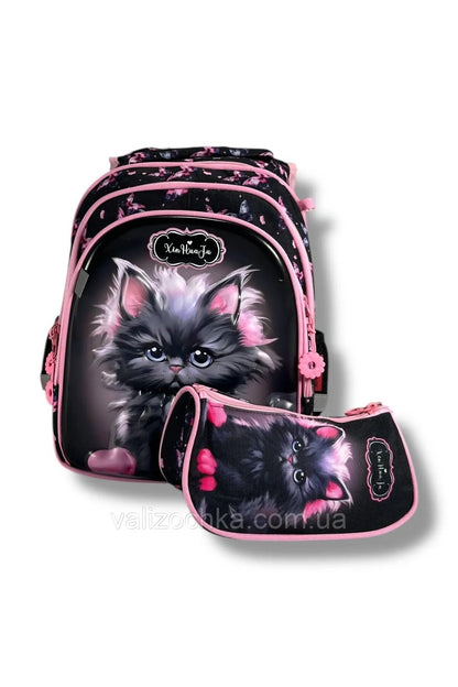Set Școală pentru Fete – Ghiozdan Anatomic/Ortopedic și Penar Imprimat, Negru/Roz