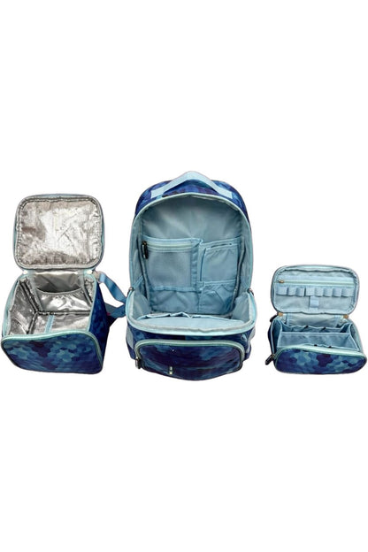 Set Ghiozdan Troler 3în1 pentru Băieți – Ghiozdan pe Roți, Sacoșă Prânz și Penar Asortat, Model Galaxy Albastru, Impermeabil și Anatomic