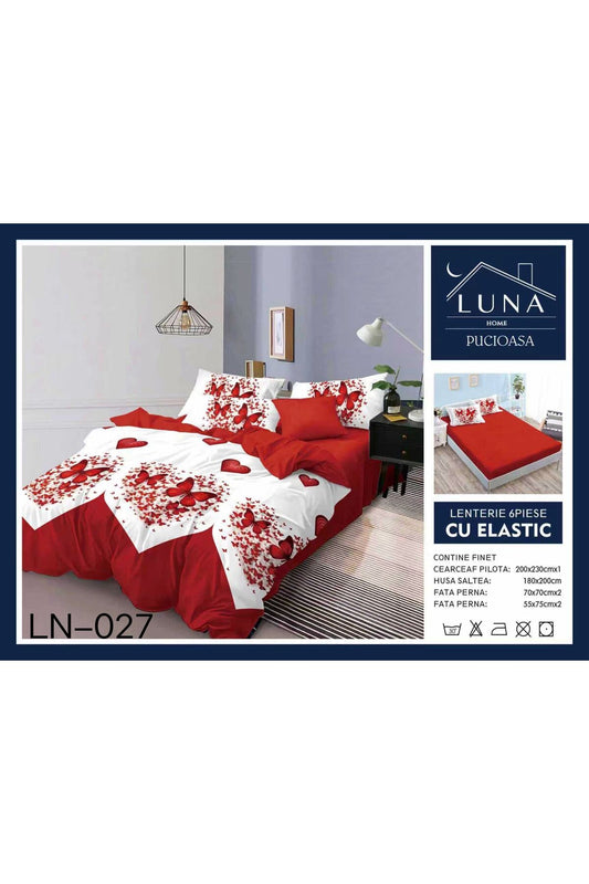 Set Lenjerie de Pat Finet 6 Piese (Pat Dublu) - Model cu Fluturi si Inimioare