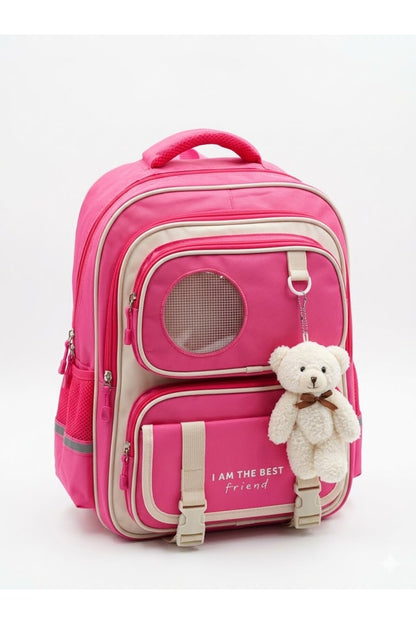 Ghiozdan Anatomic pentru Fete, Stil Coreean Kawaii, Impermeabil, Compartiment Laptop/Tabletă, Breloc Ursuleț Inclus