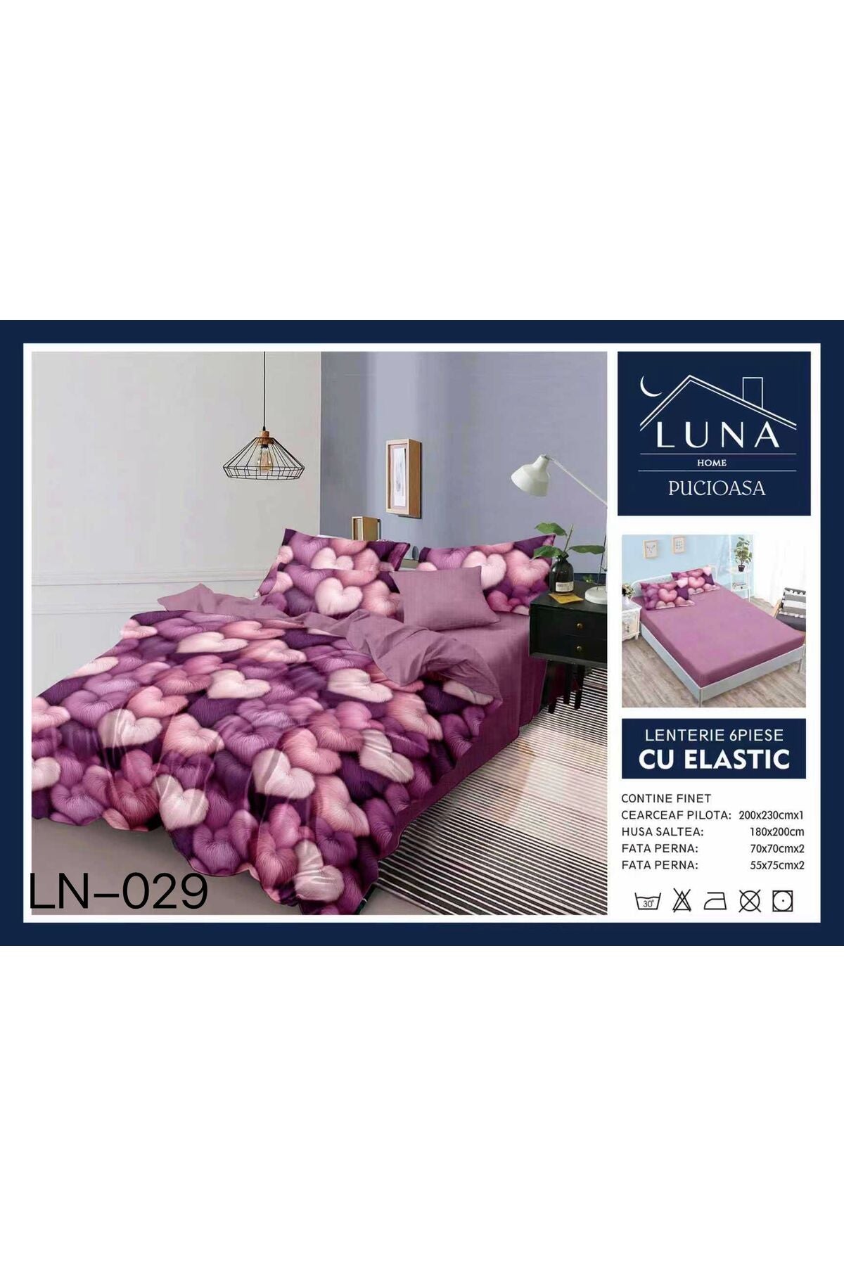 Set Lenjerie de Pat Finet 6 Piese (Pat Dublu) - Model cu Inimioare