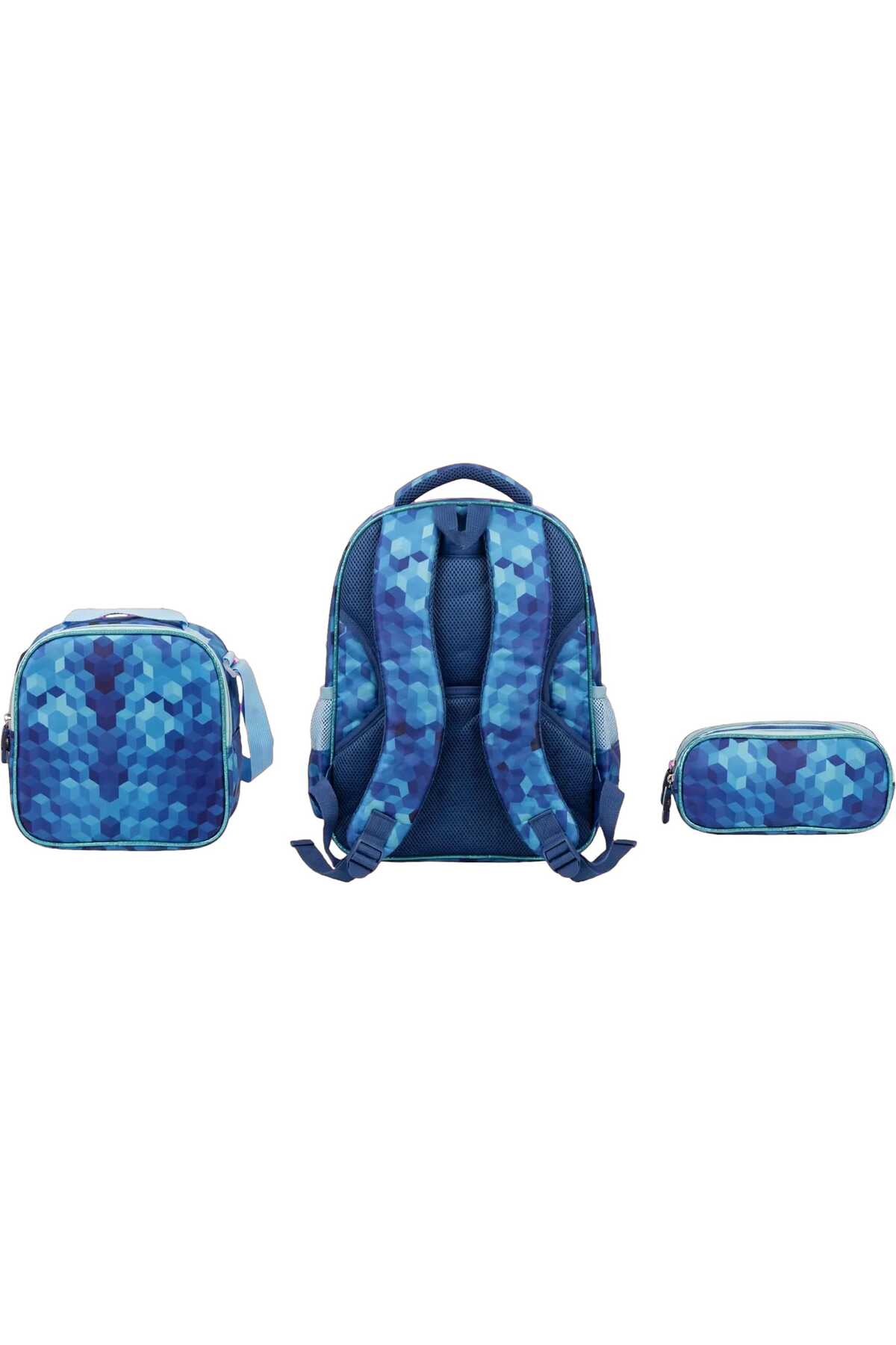 Set Școală 3 Piese cu Model Geometric – Ghiozdan, Sacoșă Prânz și Penar