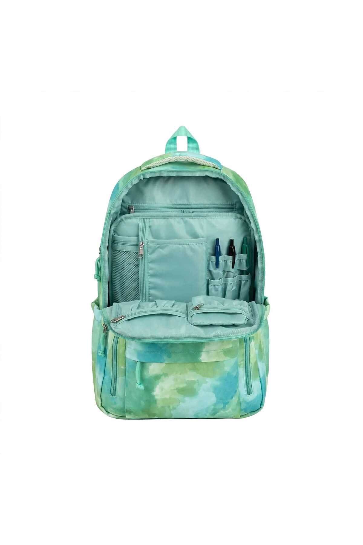 Rucsac Școală și Casual pentru Fete, Model Tie-Dye Mov și Albastru Pastel, Impermeabil, cu Compartimente