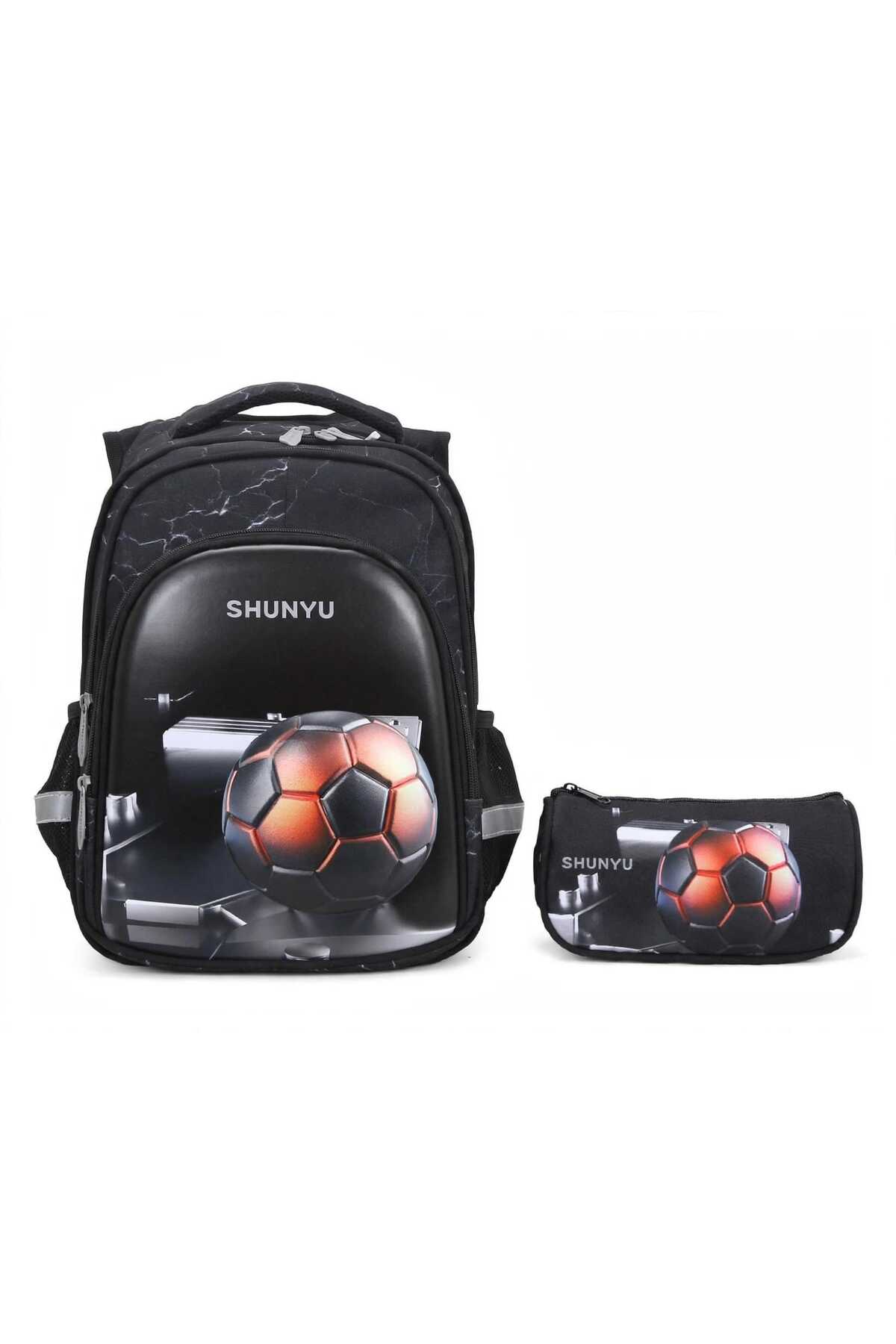 Set Ghiozdan Anatomic și Penar pentru Băieți – Ghiozdan Ortopedic Impermeabil, Model 3D Minge Fotbal, Clasele 1-4