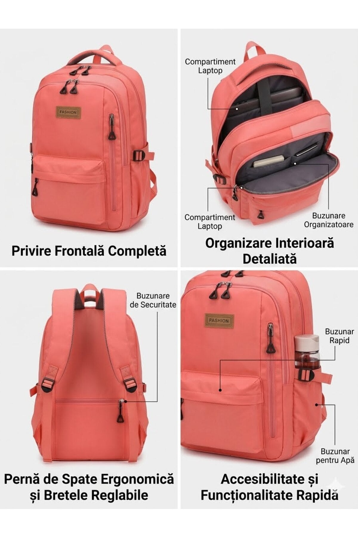 Ghiozdan Unisex Anatomic, Compartimente și Buzunare Multiple, Spațiu Laptop, Material Impermeabil, Portocaliu-Coral