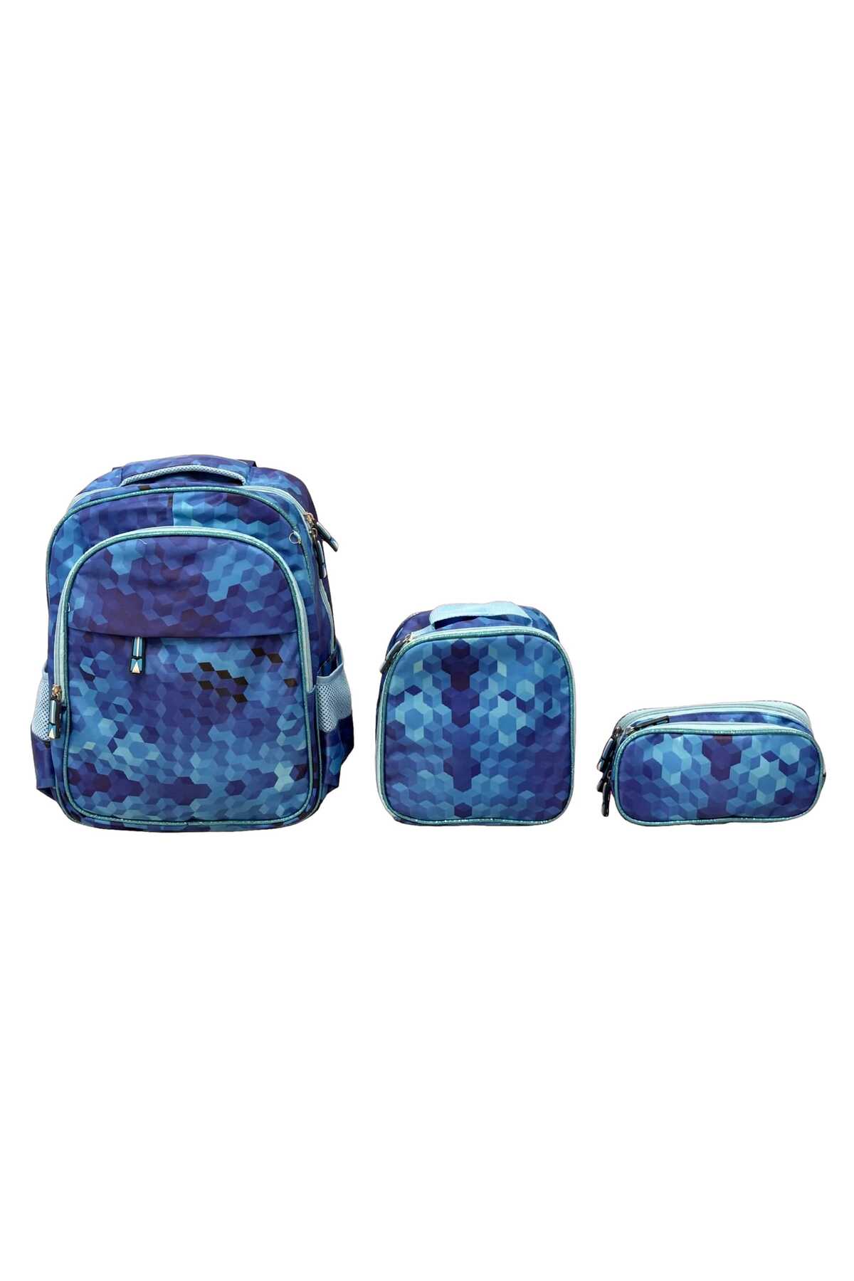 Set Școală 3 Piese cu Model Geometric – Ghiozdan, Sacoșă Prânz și Penar