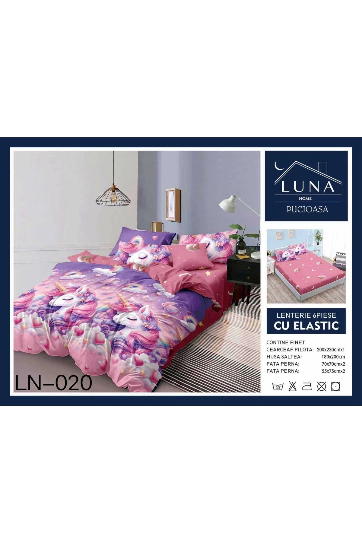 Set Lenjerie de Pat Finet 6 Piese (Pat Dublu) - Model cu Unicorni