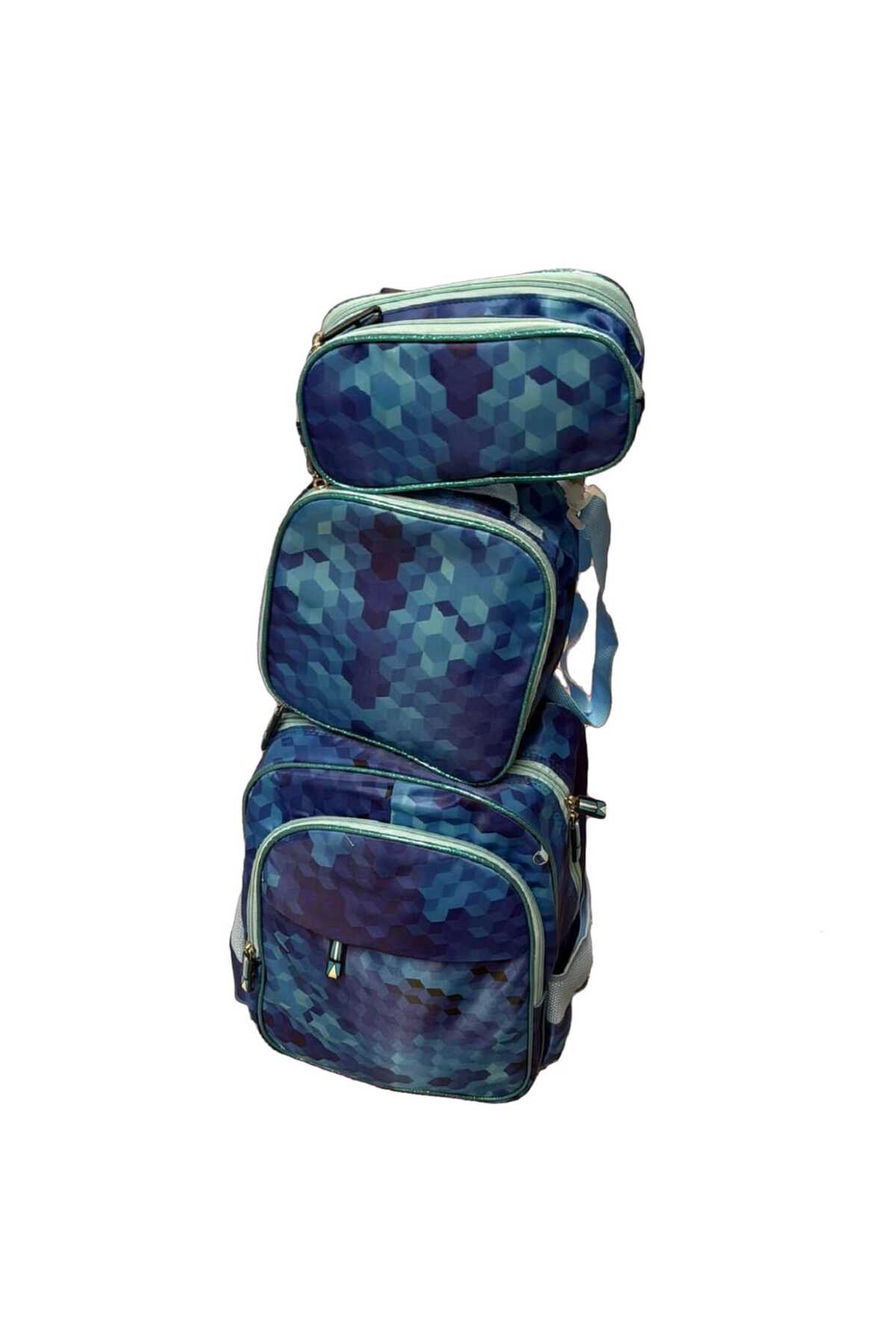 Set Școală 3 Piese cu Model Geometric – Ghiozdan, Sacoșă Prânz și Penar