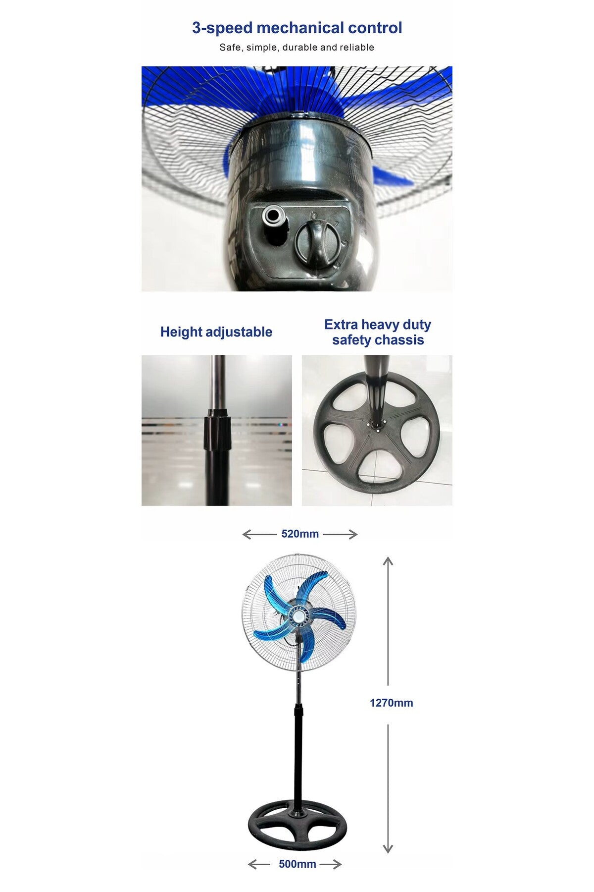 Ventilator Vertical cu Picior SF, Diametru 18" (45 Cm), Motor Puternic 55W, 3 Viteze, Elice Albastră 5 Palete, Înălțime Reglabilă, Negru