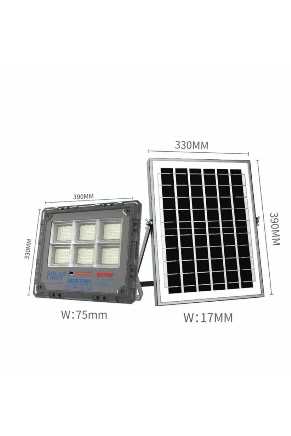 Jiayi Proiector LED Solar, Putere 800W, Autonomie 12h, Kit Complet cu Panou Fotovoltaic și Telecomandă, Rezistent la Apă IP66/IP67, Lumină Alb Rece 6500K, Funcție Automat/Amurg
