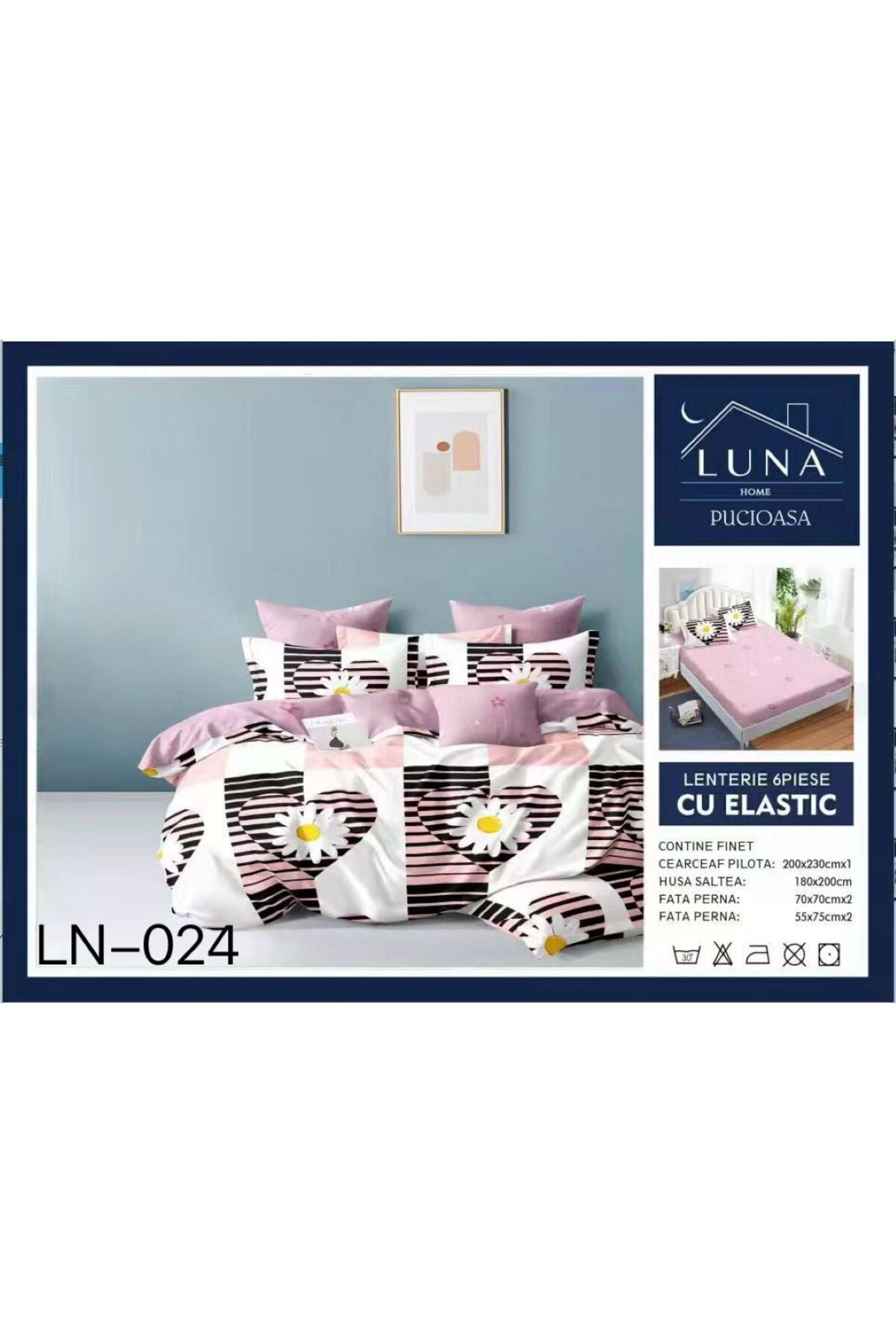 Set Lenjerie de Pat Finet 6 Piese (Pat Dublu) - Model Floral si Inimioare
