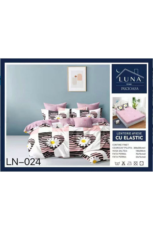 Set Lenjerie de Pat Finet 6 Piese (Pat Dublu) - Model Floral si Inimioare