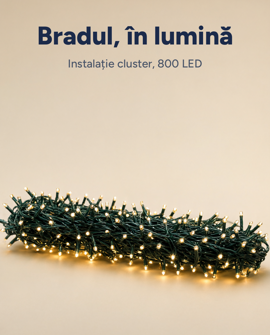 Instalație LED tip cluster 800 LED, alb cald, 12 m, 8 funcții, timer