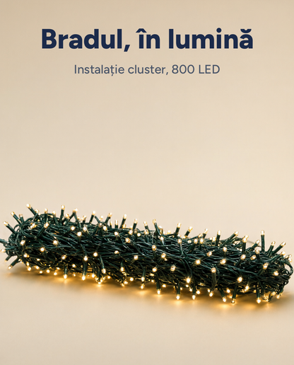 Instalație LED tip cluster 800 LED, alb cald, 12 m, 8 funcții, timer