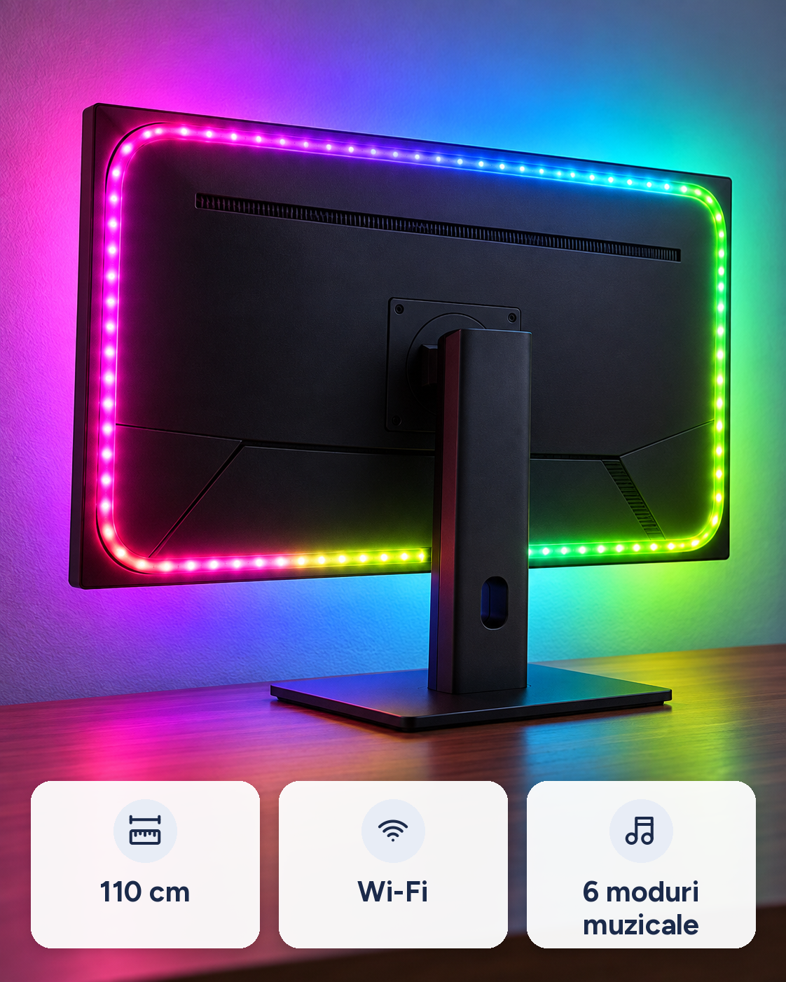 Bandă LED RGB pentru monitor Battletron, 110 cm, Wi-Fi, sincronizare muzică