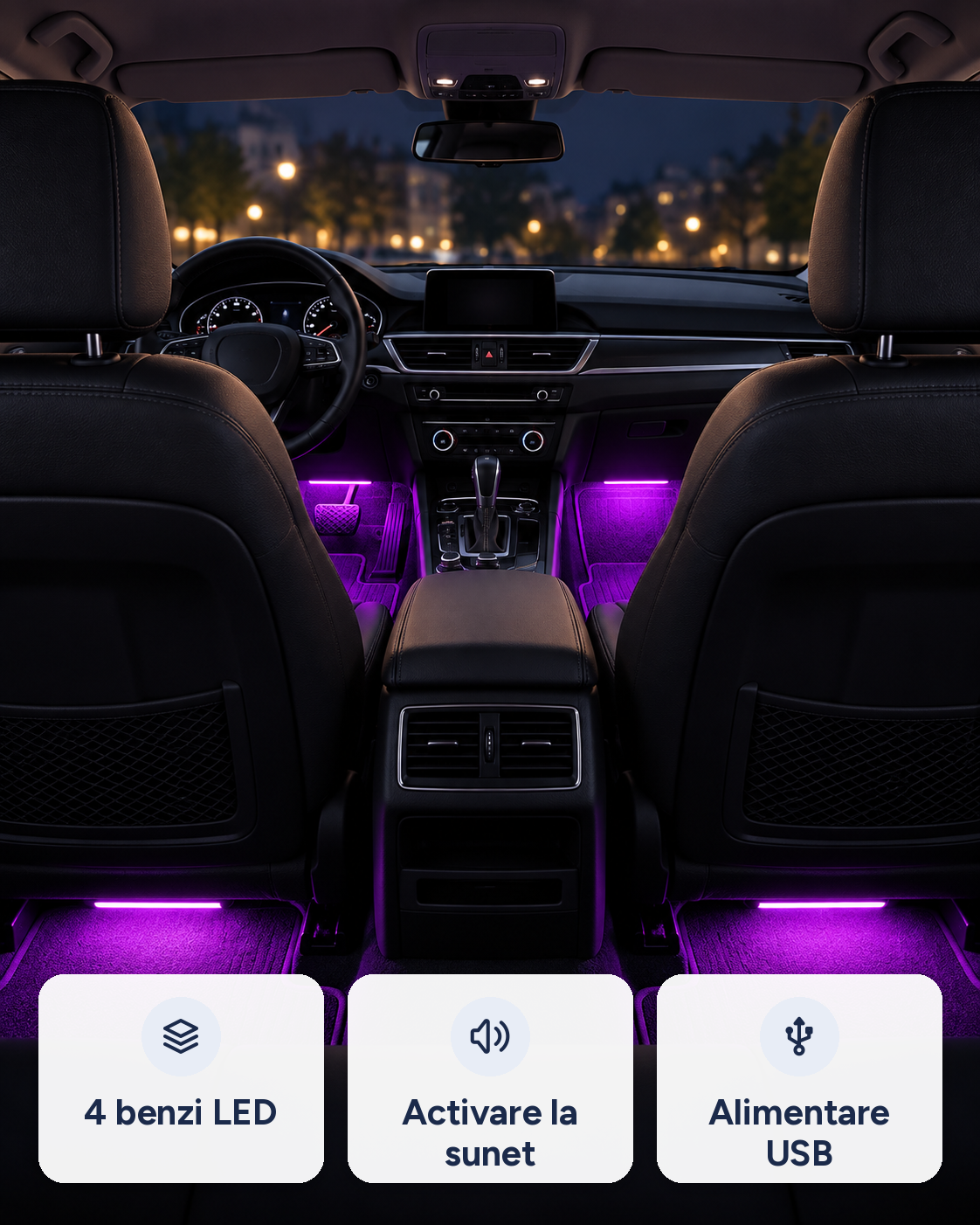 Kit iluminare ambientală LED pentru interiorul mașinii, 4 benzi RGB, activare la sunet, USB