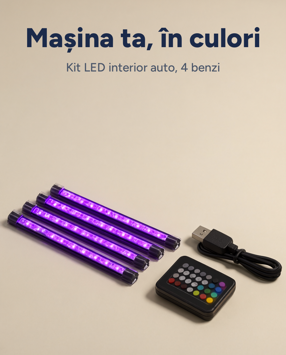 Kit iluminare ambientală LED pentru interiorul mașinii, 4 benzi RGB, activare la sunet, USB