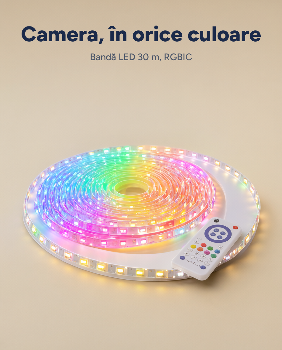 Bandă LED 30 m, RGBIC și alb reglabil, 1400 lm, telecomandă