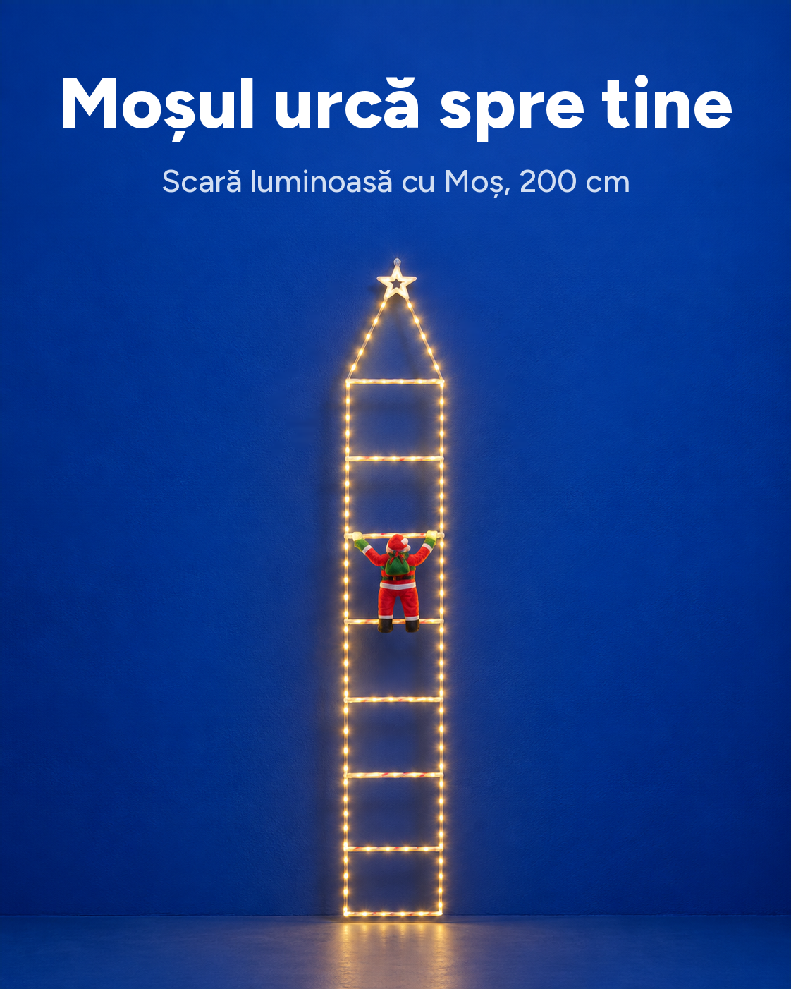 Scară luminoasă cu Moș Crăciun, 124 LED, alb cald, 200 cm, 8 funcții