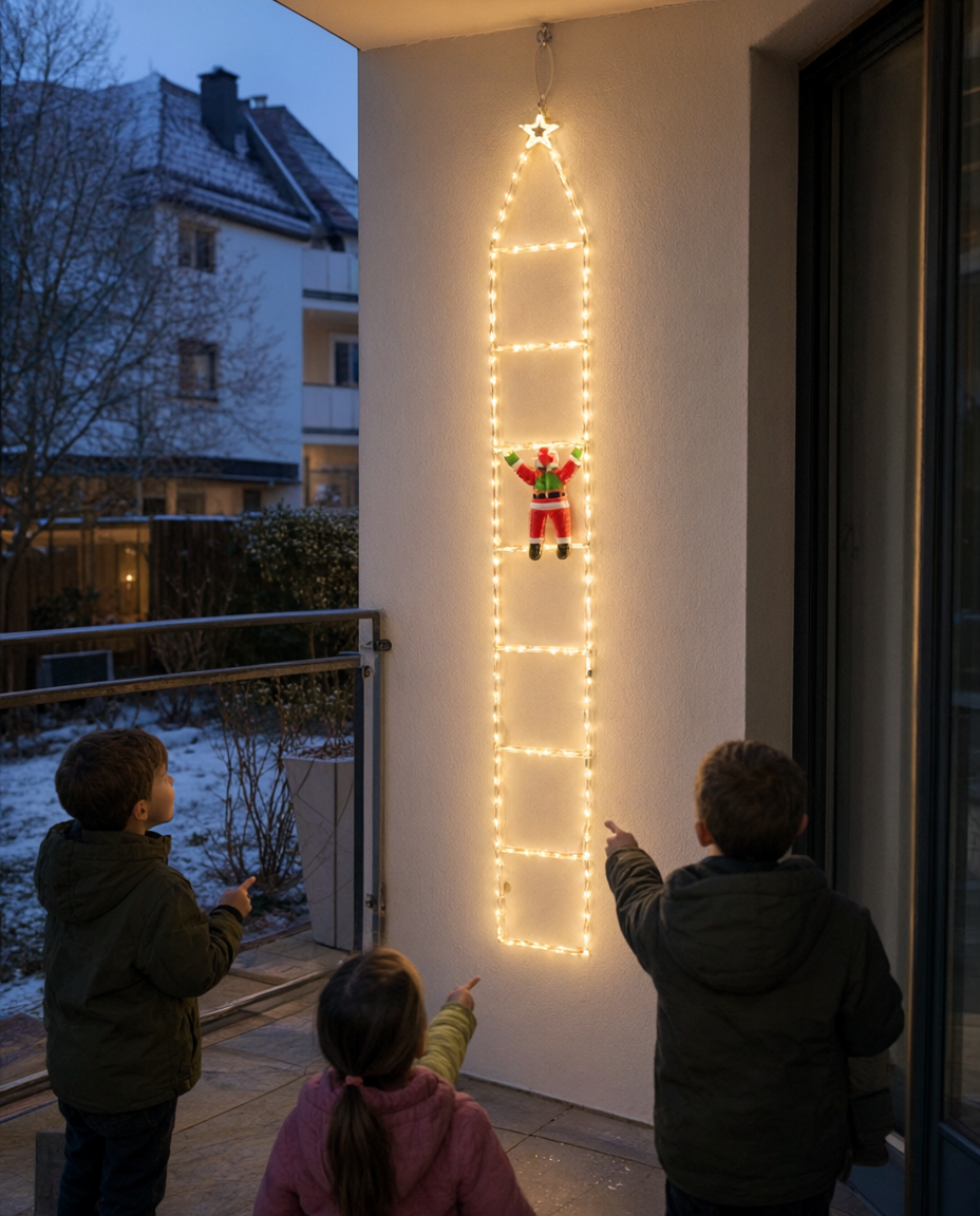 Scară luminoasă cu Moș Crăciun, 124 LED, alb cald, 200 cm, 8 funcții
